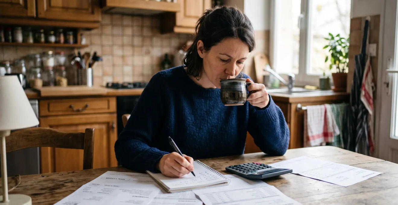 Une personne calcule son budget et sa capacité d'endettement à domicile avec une calculatrice et des documents financiers.