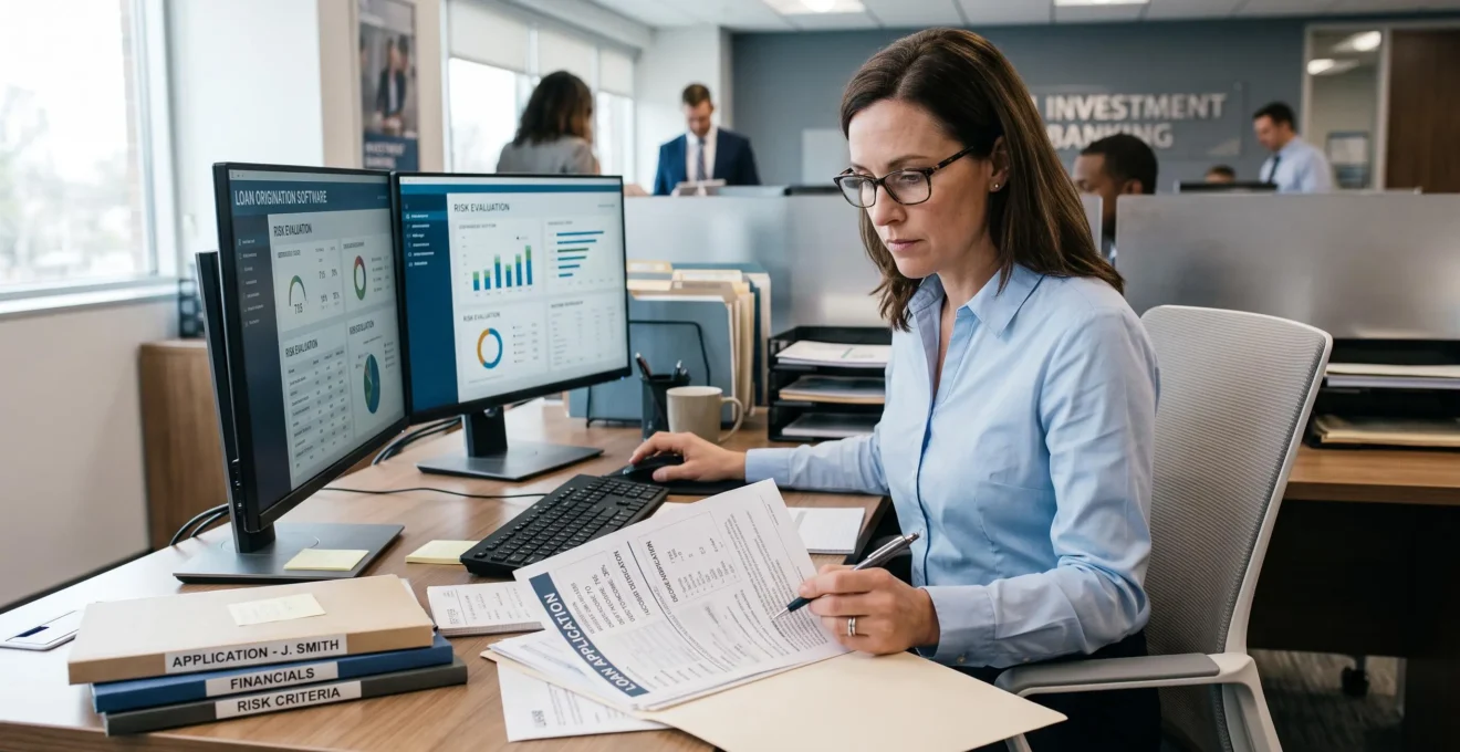 Un conseiller bancaire analyse attentivement un dossier de demande de crédit automobile sur son ordinateur et des documents papier.