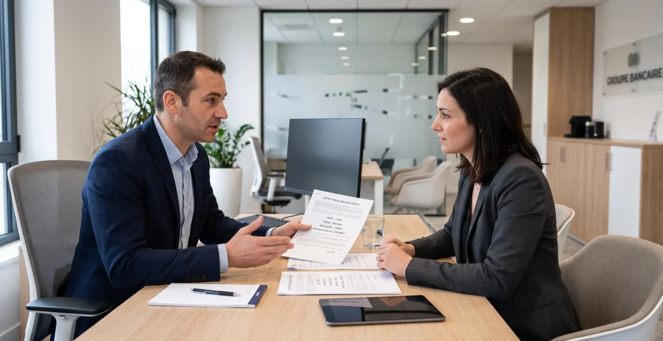 Conseiller bancaire et cliente en discussion professionnelle dans bureau moderne, documents d'offre préalable de crédit sur table