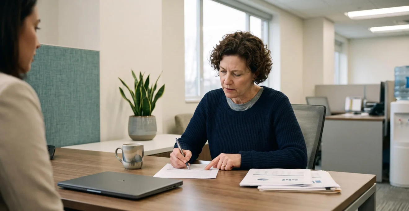 Personne consultant des informations sur les options de financement automobile dans un environnement bancaire professionnel