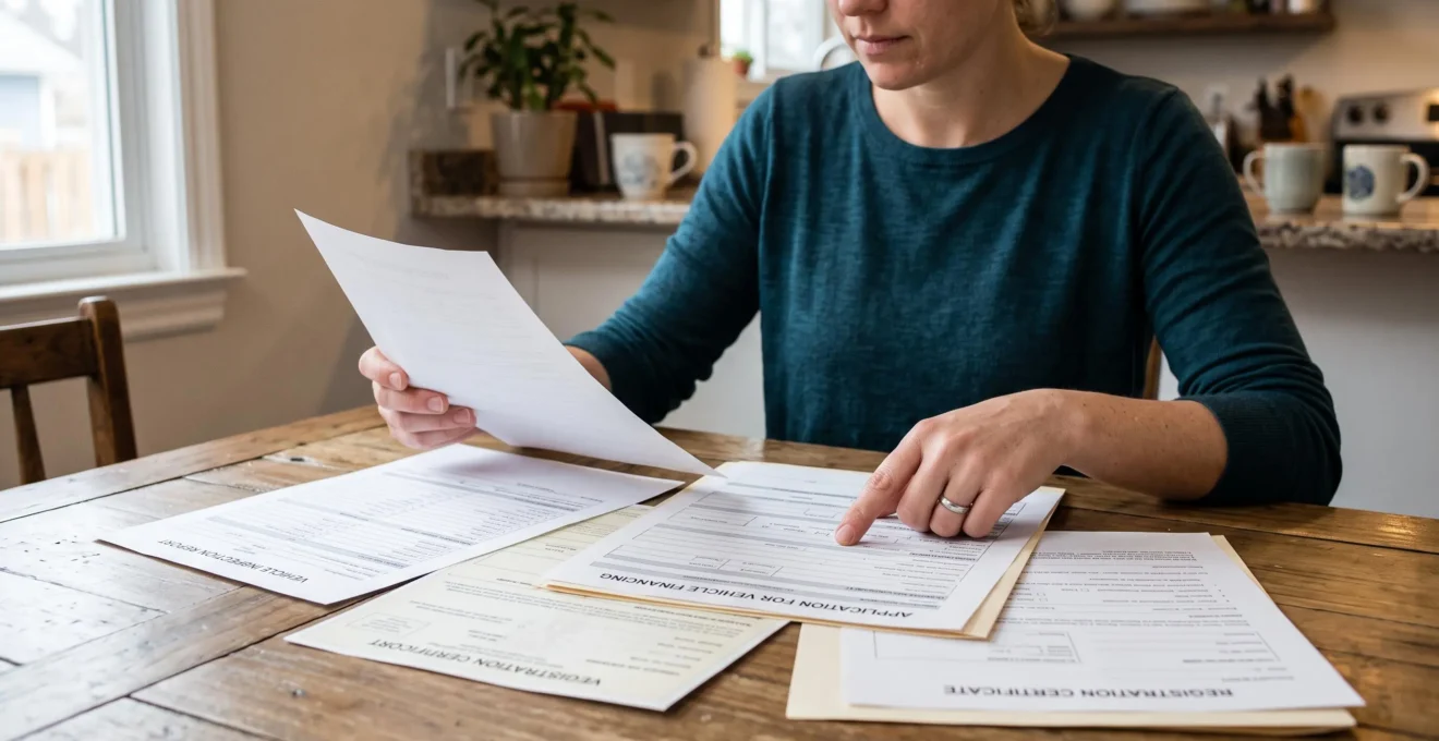 Personne vérifiant les documents administratifs nécessaires pour financer l'achat d'une voiture entre particuliers sur une table de travail