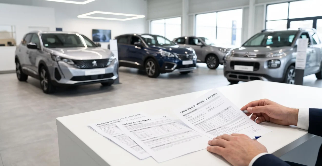 Table de consultation dans showroom automobile avec documents contrat LOA et crédit auto affecté, mains consultant papiers, véhicules neufs en arrière-plan